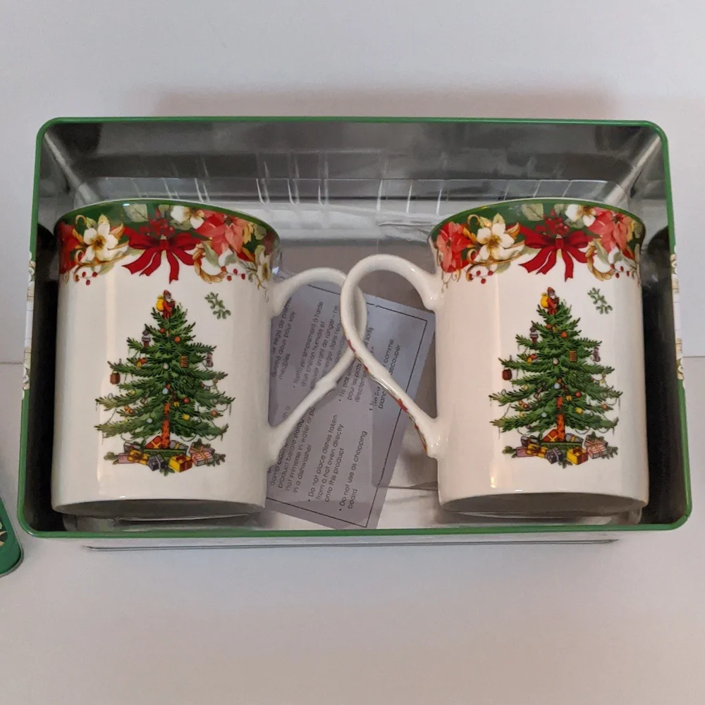Spode Mugs Christmas Tree Collectible Tin No Coasters New Macy's